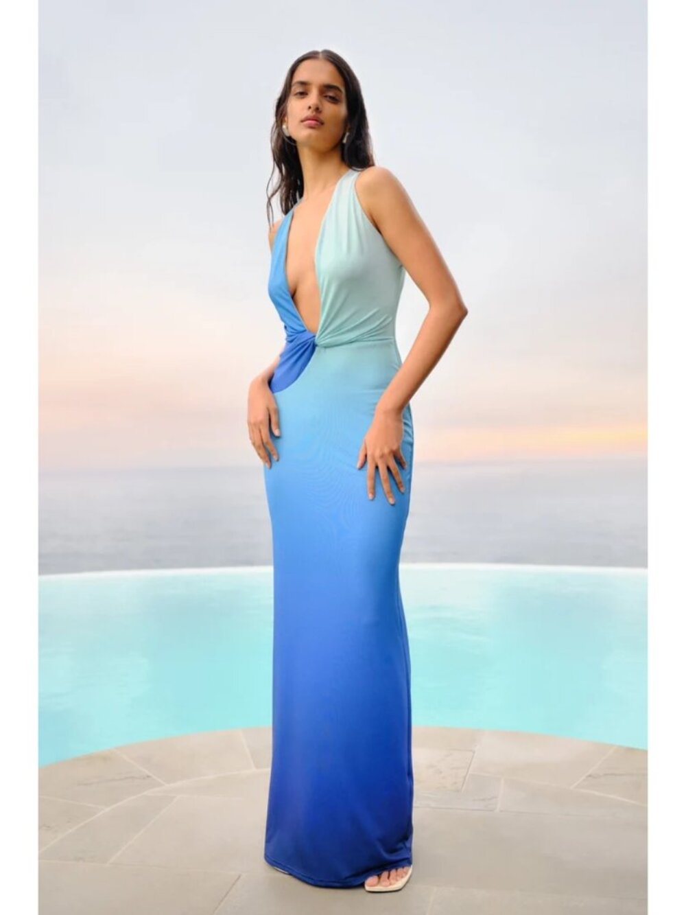 MESHKI Stella Draped Slinky Ombre Maxi Dress Blue Size L MSRP $135